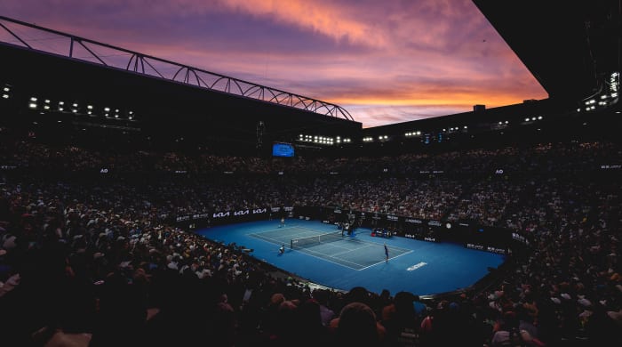 The Australian Open court at sunset.